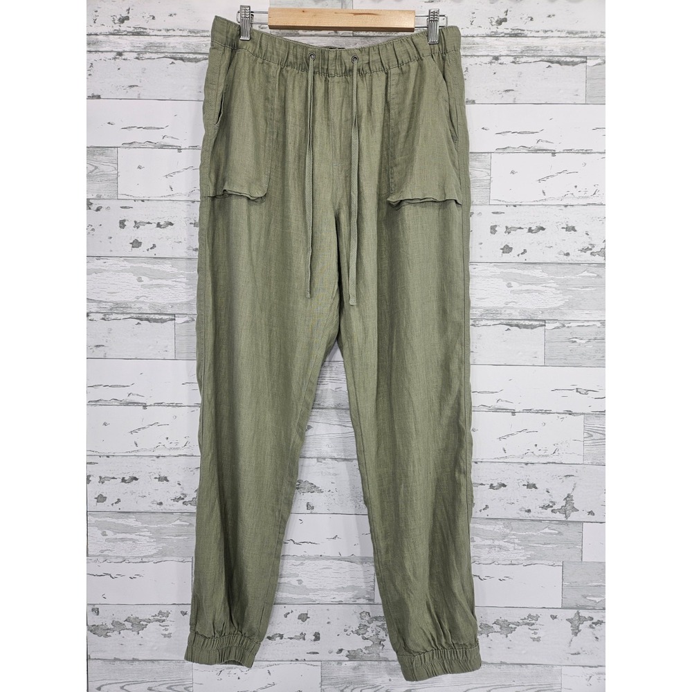 Jones New York Womens Large 100% Linen Cargo Jogger Pants Olive Green